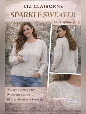 Liz Claiborne Cream Sparkle Crewneck Sweater